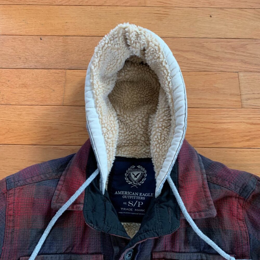 American‎ Eagle Mens S Plaid Sherpa Lined Full Button Jacket Hooded Y2K - Picture 4 of 8